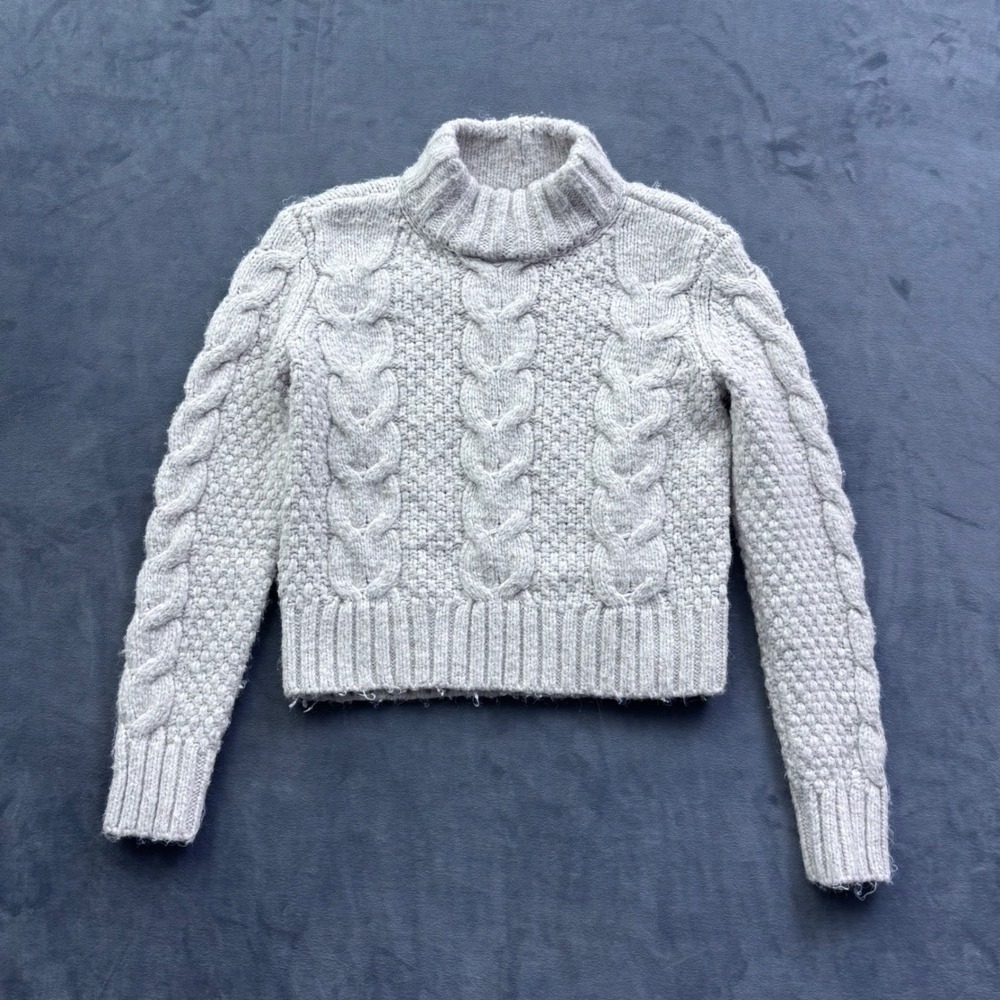 VTG American Eagle Womens XS Oatmeal Beige Cable Knit Mock Neck Cropped Sweater